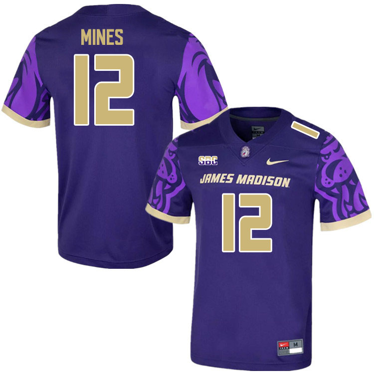 Men-Youth #12 Jayden Mines James Madison Dukes College Football Jerseys Stitched Sale-Purple